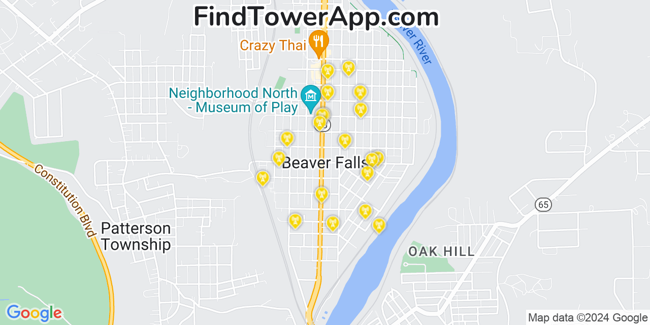 AT&T 4G/5G cell tower coverage map Beaver Falls, Pennsylvania