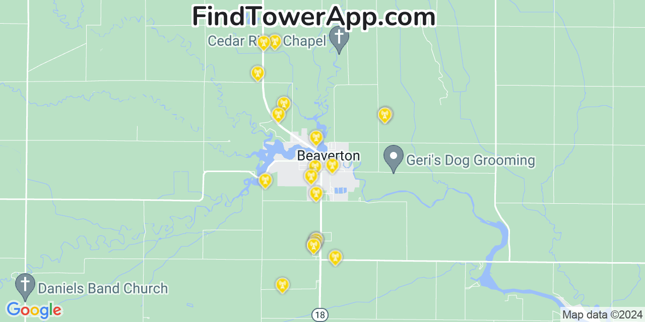 AT&T 4G/5G cell tower coverage map Beaverton, Michigan