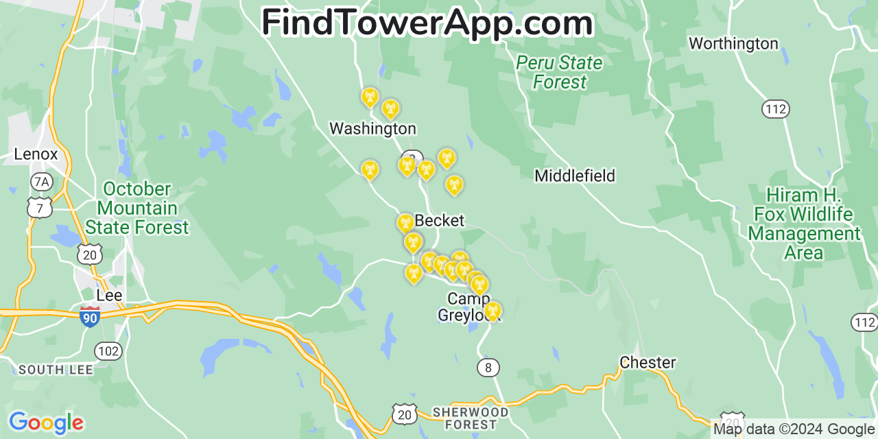AT&T 4G/5G cell tower coverage map Becket, Massachusetts
