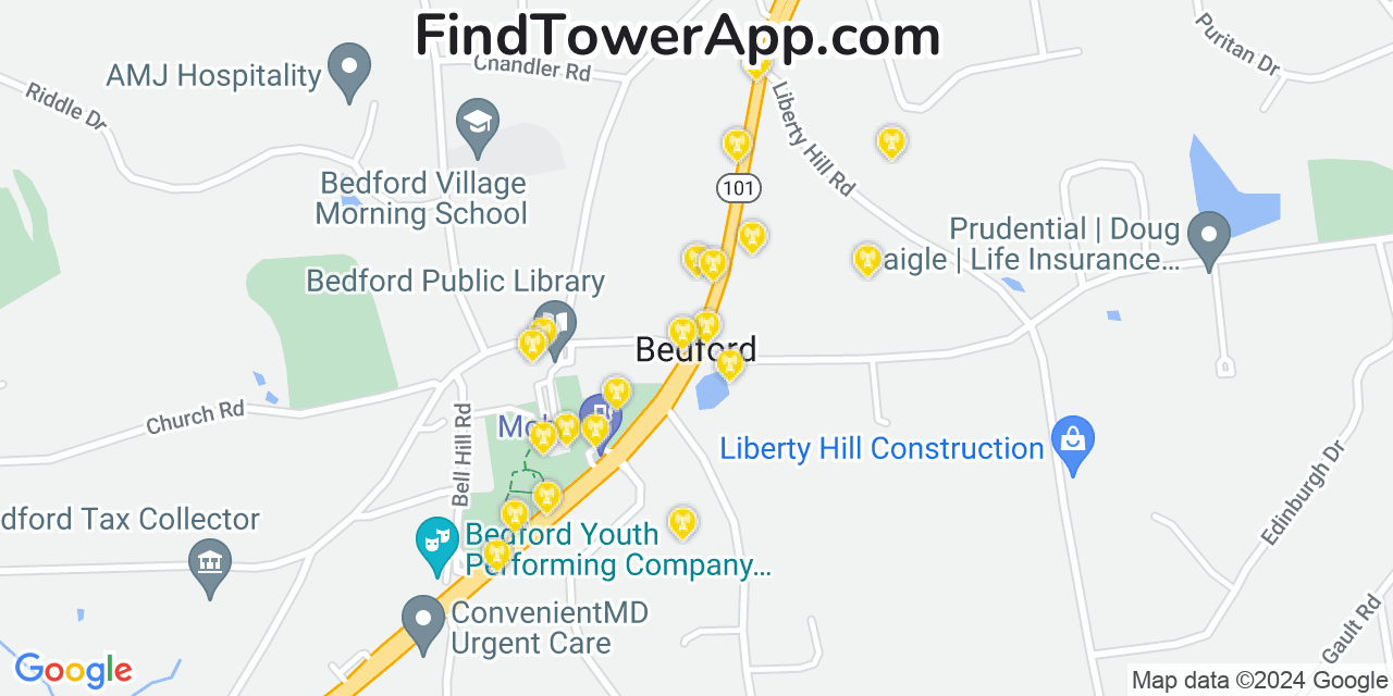 AT&T 4G/5G cell tower coverage map Bedford, New Hampshire