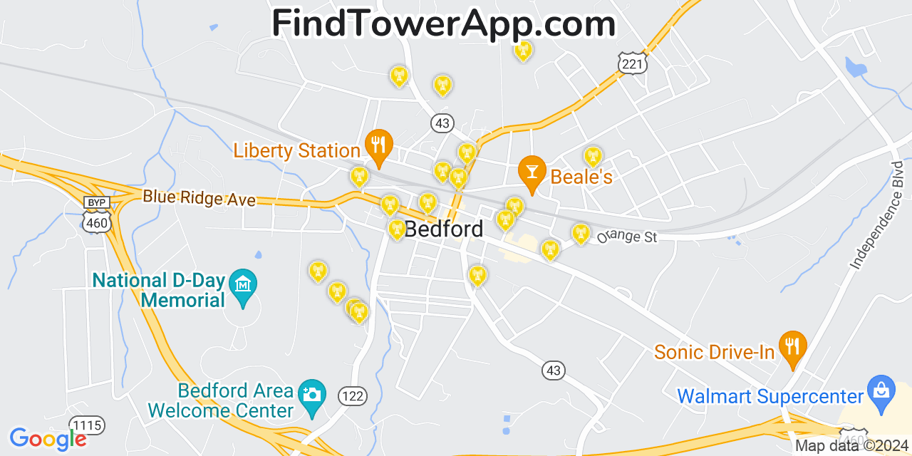 AT&T 4G/5G cell tower coverage map Bedford, Virginia