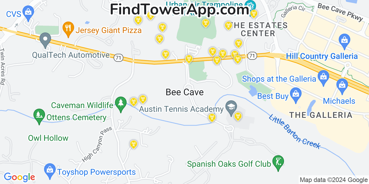 AT&T 4G/5G cell tower coverage map Bee Cave, Texas