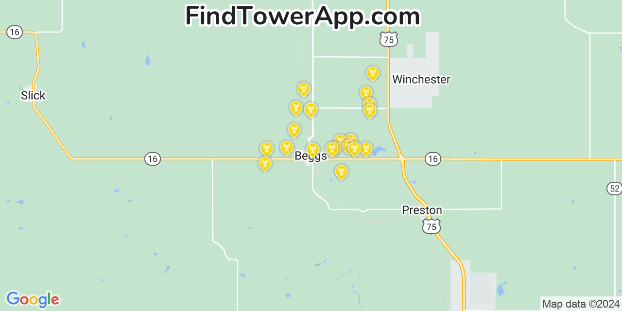 AT&T 4G/5G cell tower coverage map Beggs, Oklahoma