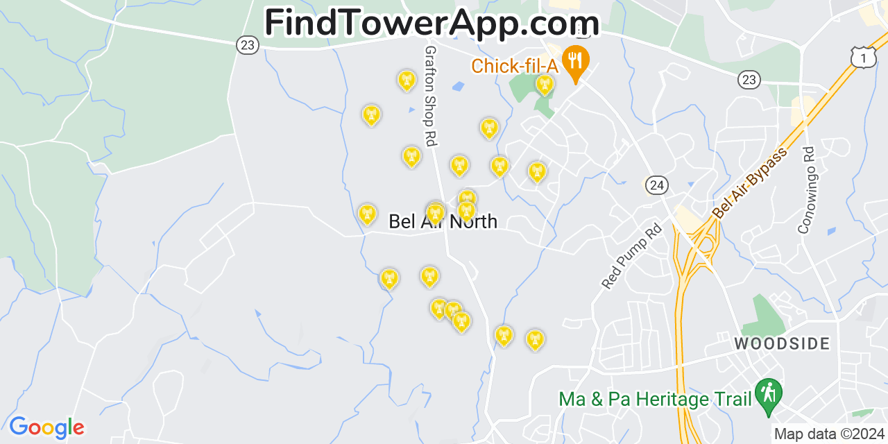 AT&T 4G/5G cell tower coverage map Bel Air North, Maryland
