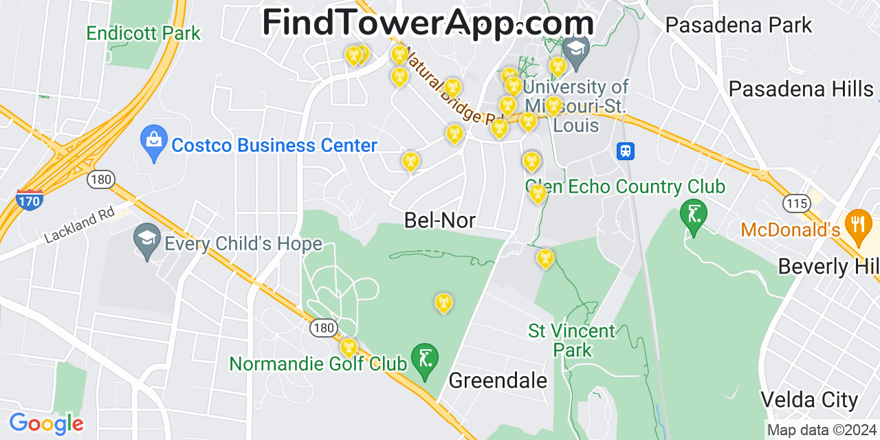 AT&T 4G/5G cell tower coverage map Bel Nor, Missouri