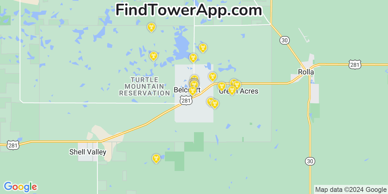 Verizon 4G/5G cell tower coverage map Belcourt, North Dakota