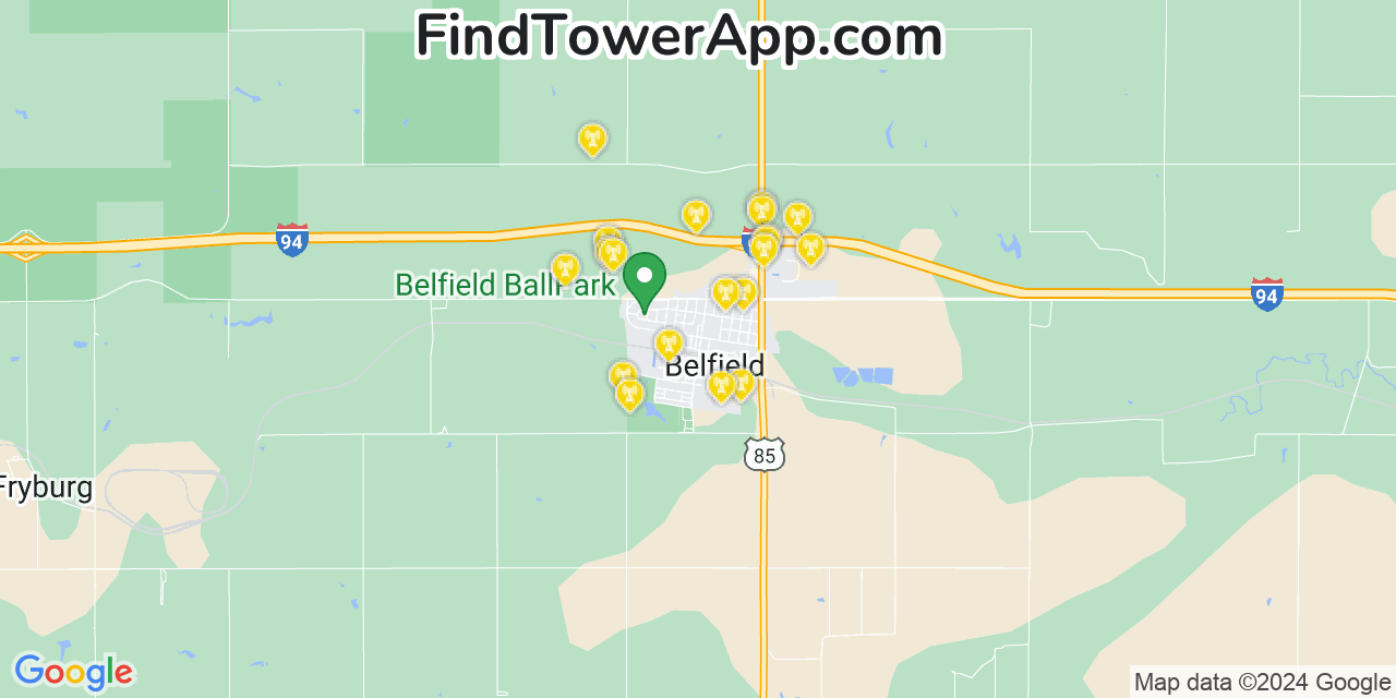 AT&T 4G/5G cell tower coverage map Belfield, North Dakota