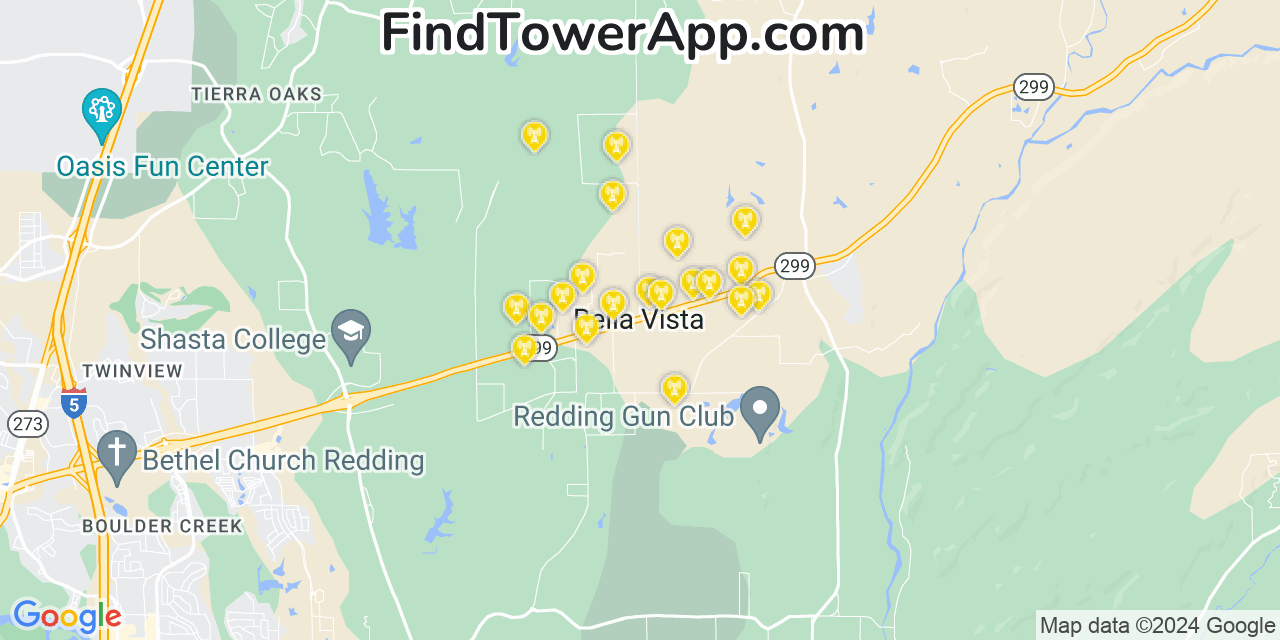 AT&T 4G/5G cell tower coverage map Bella Vista, California
