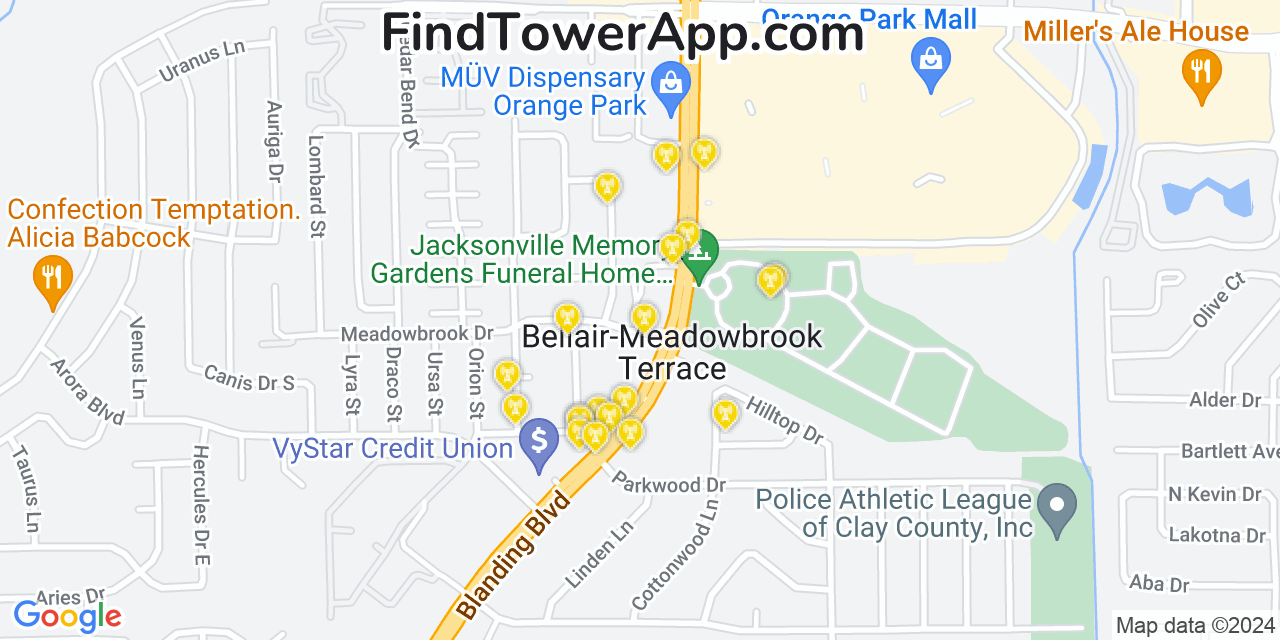 AT&T 4G/5G cell tower coverage map Bellair Meadowbrook Terrace, Florida