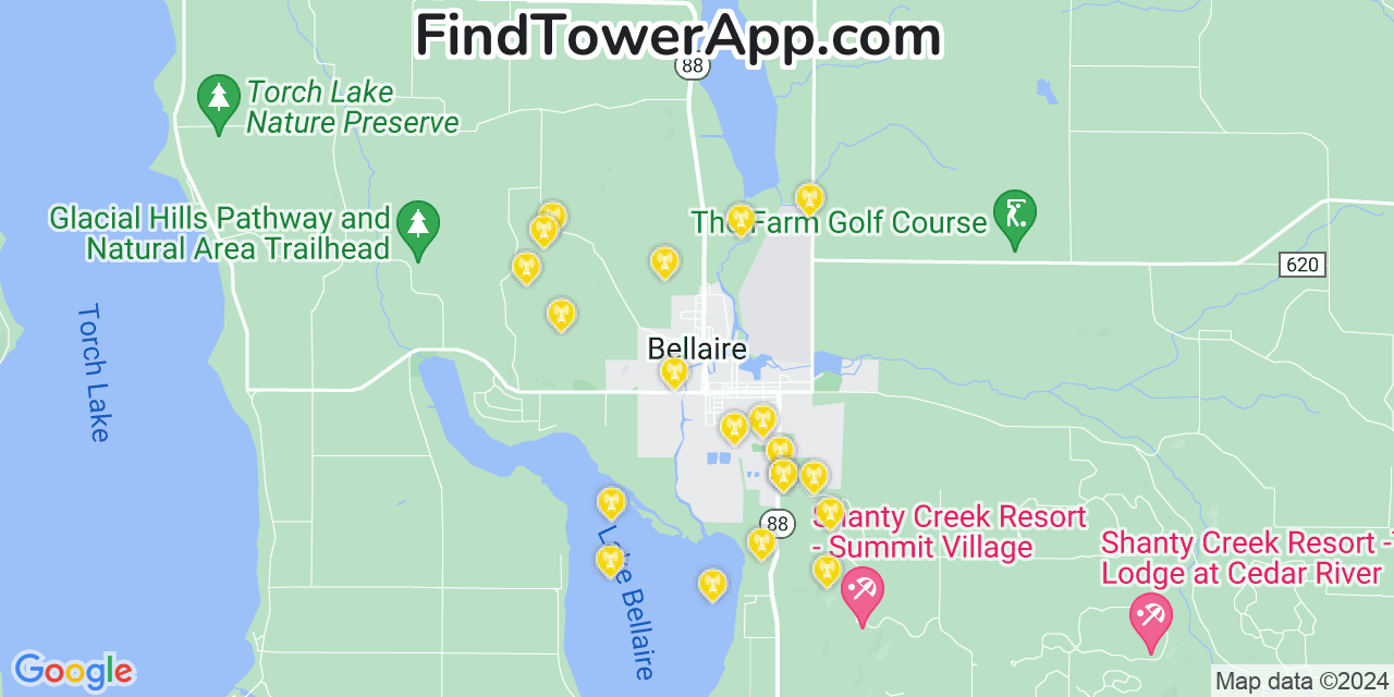 AT&T 4G/5G cell tower coverage map Bellaire, Michigan