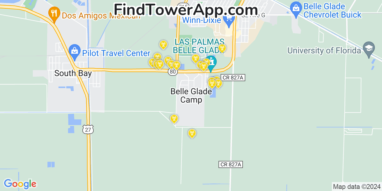 AT&T 4G/5G cell tower coverage map Belle Glade Camp, Florida