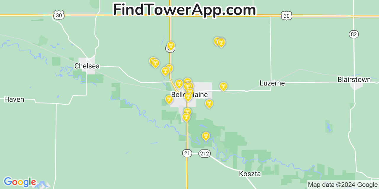 AT&T 4G/5G cell tower coverage map Belle Plaine, Iowa
