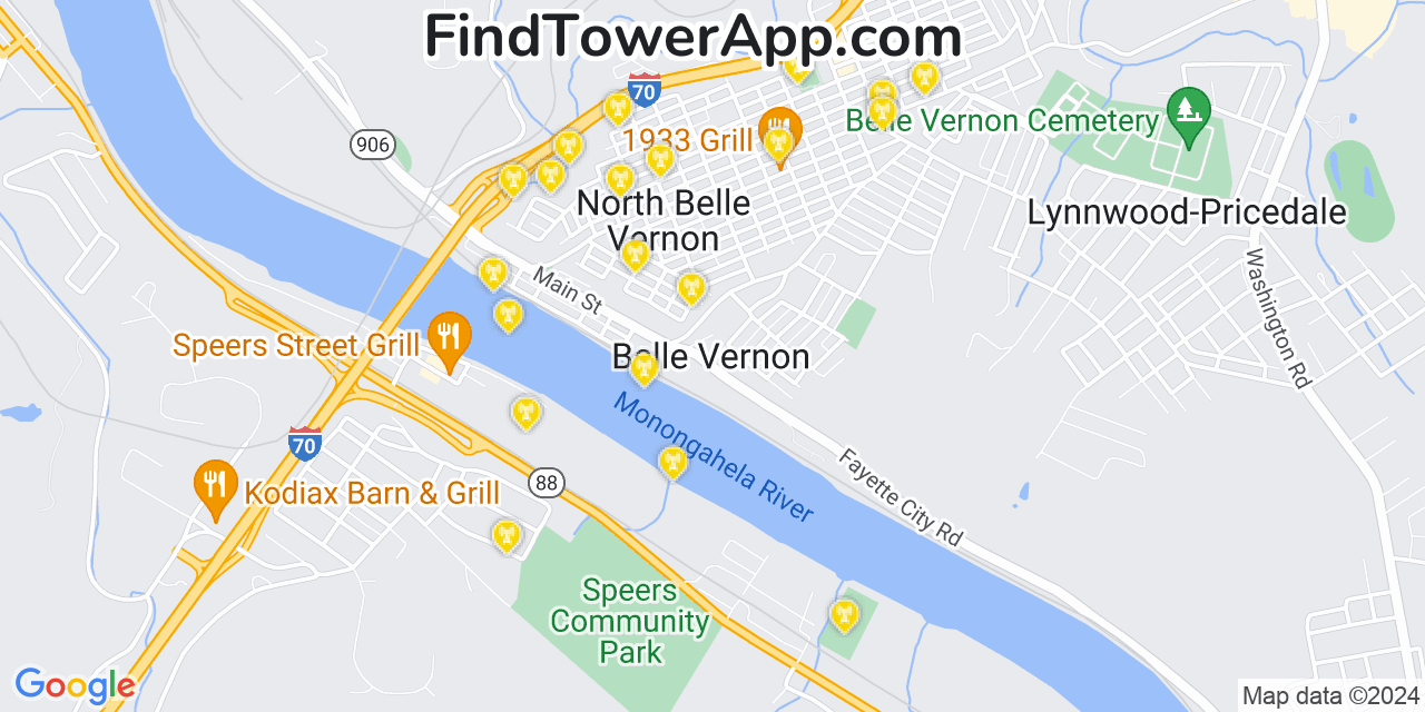 AT&T 4G/5G cell tower coverage map Belle Vernon, Pennsylvania