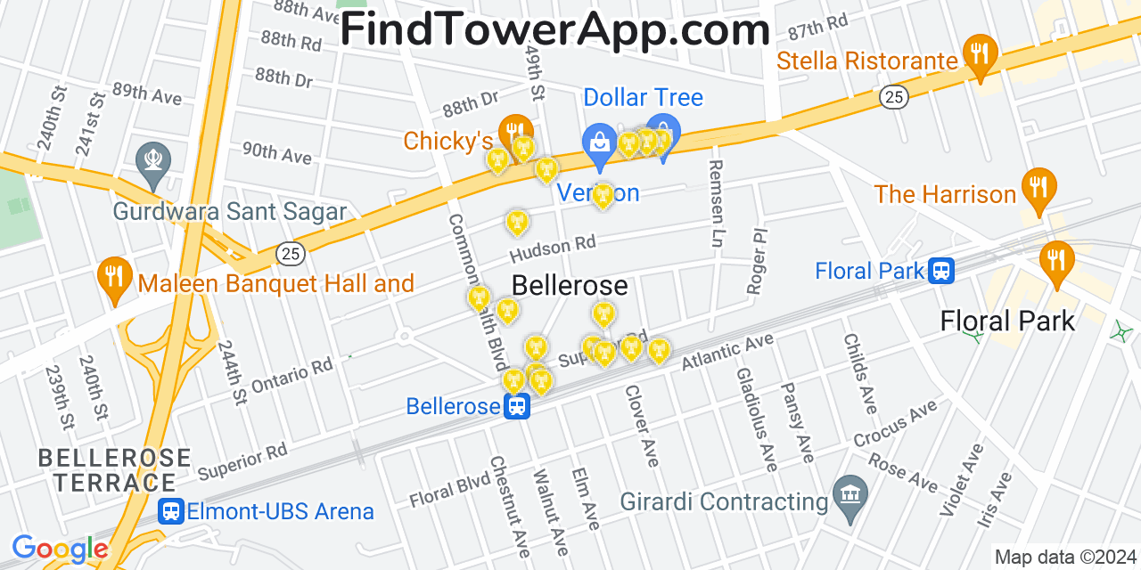 Verizon 4G/5G cell tower coverage map Bellerose, New York