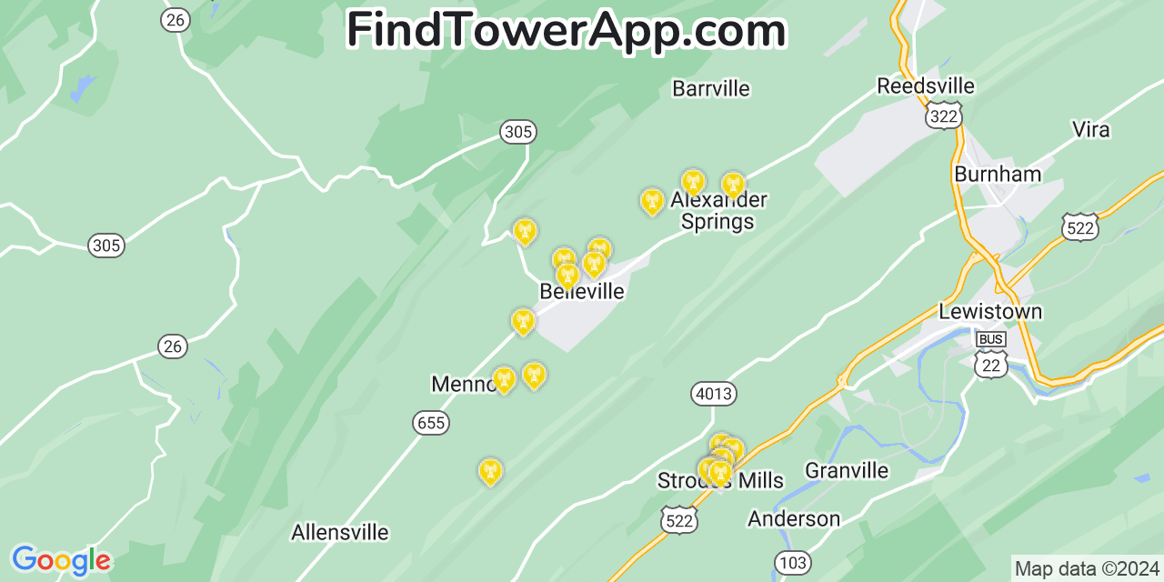 AT&T 4G/5G cell tower coverage map Belleville, Pennsylvania