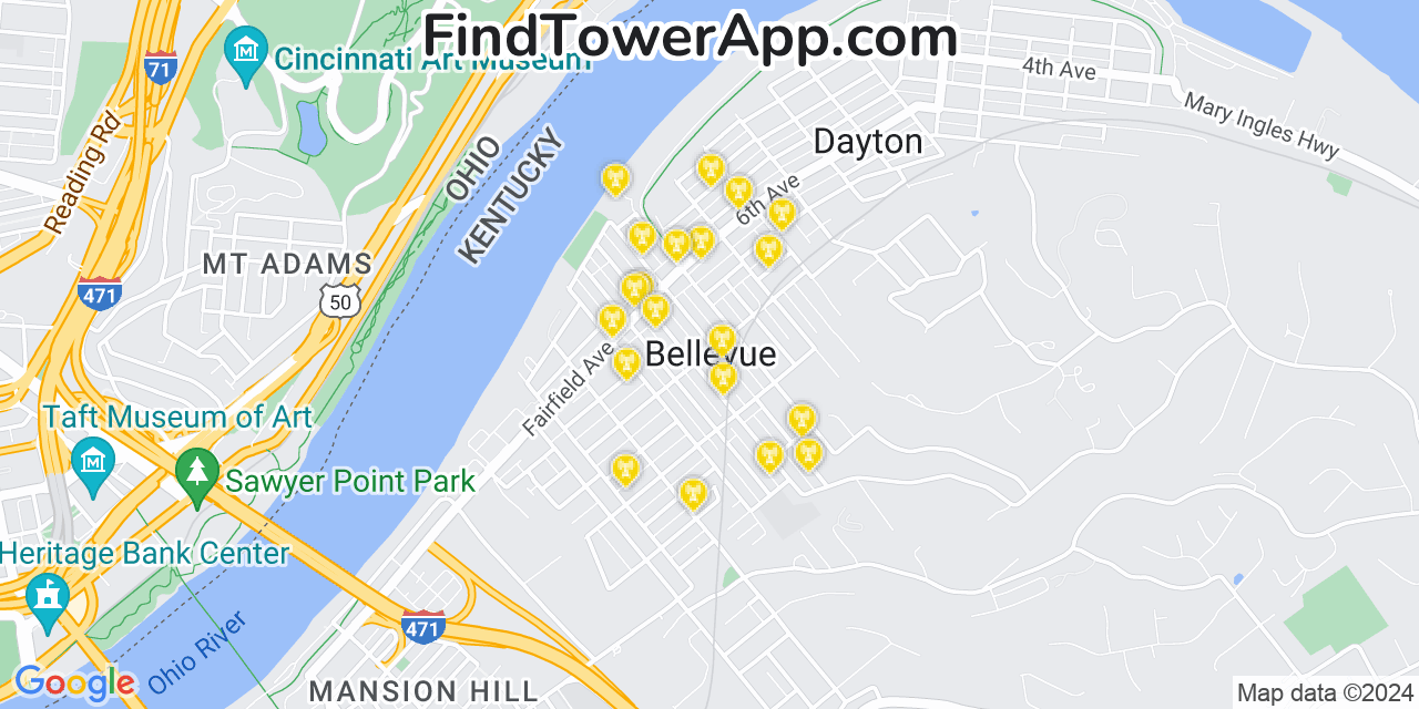 Verizon 4G/5G cell tower coverage map Bellevue, Kentucky