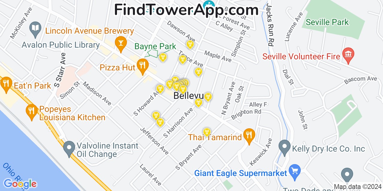 AT&T 4G/5G cell tower coverage map Bellevue, Pennsylvania