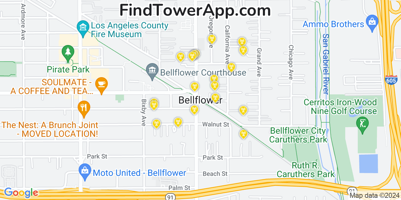 AT&T 4G/5G cell tower coverage map Bellflower, California