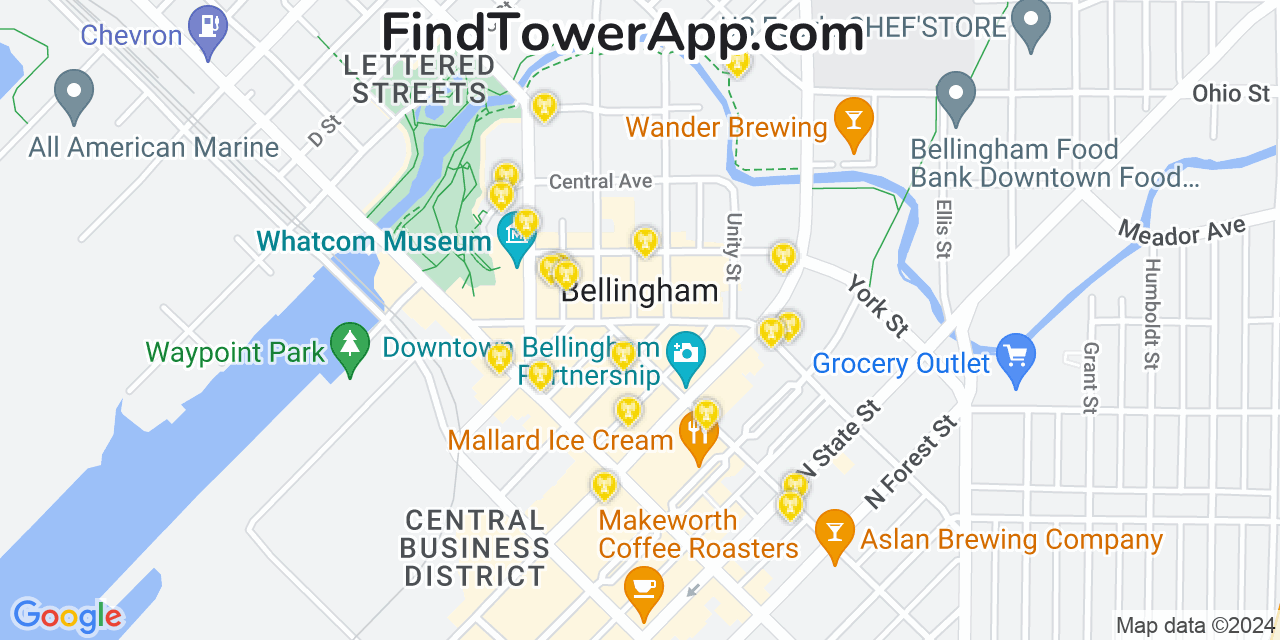 AT&T 4G/5G cell tower coverage map Bellingham, Washington
