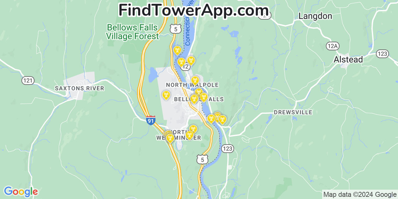 AT&T 4G/5G cell tower coverage map Bellows Falls, Vermont