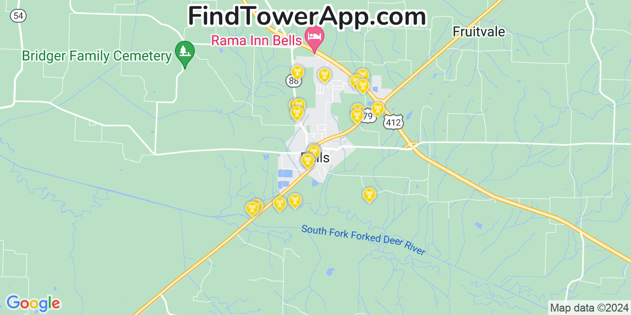 AT&T 4G/5G cell tower coverage map Bells, Tennessee