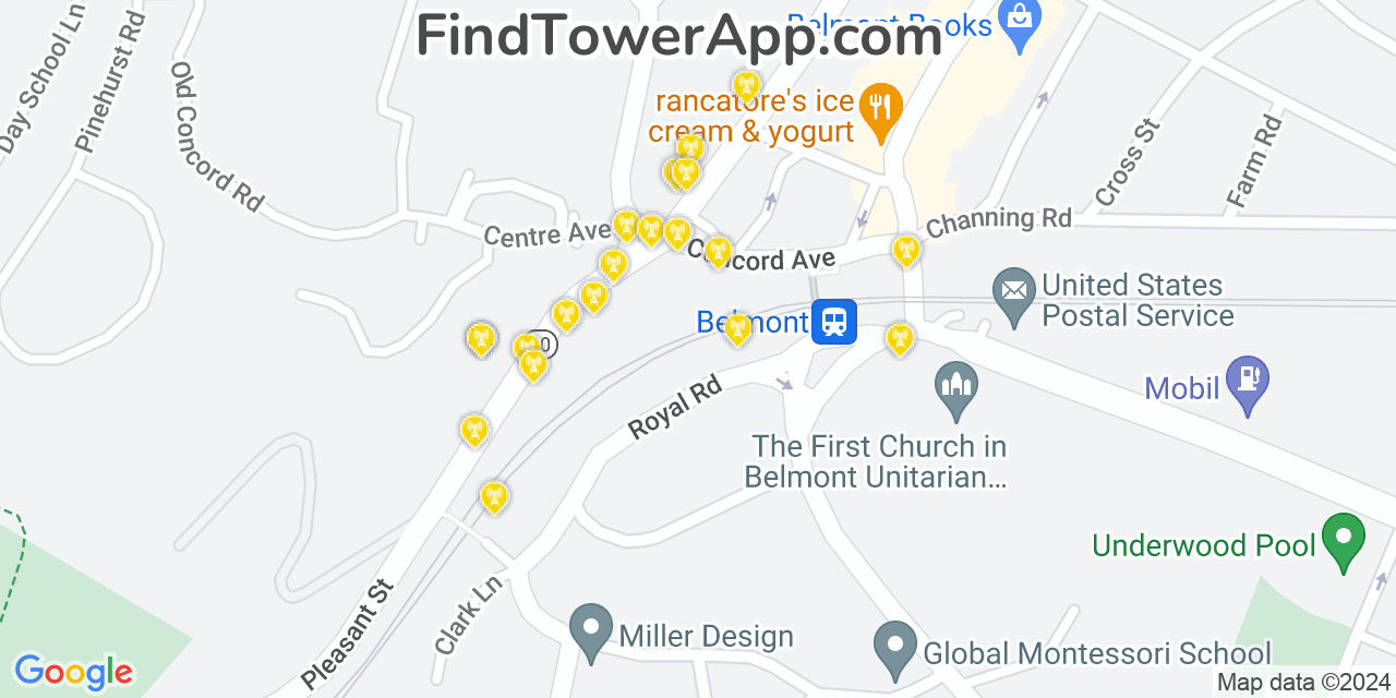 AT&T 4G/5G cell tower coverage map Belmont, Massachusetts
