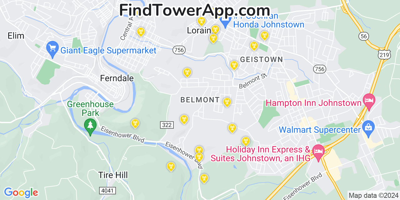 AT&T 4G/5G cell tower coverage map Belmont, Pennsylvania
