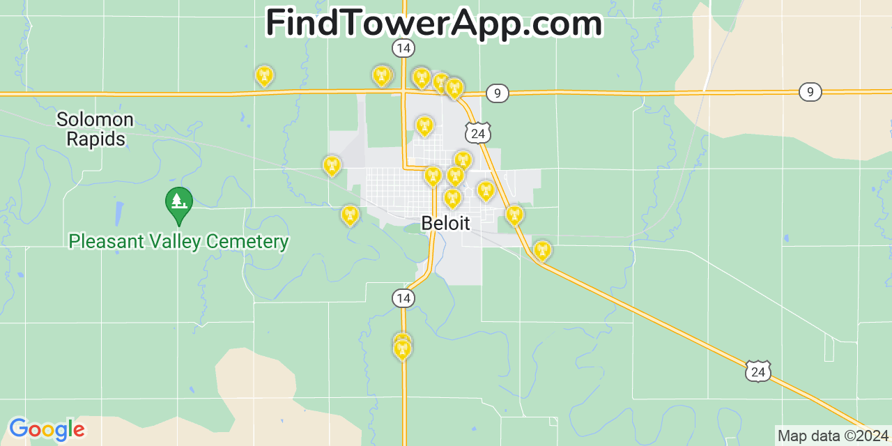 AT&T 4G/5G cell tower coverage map Beloit, Kansas
