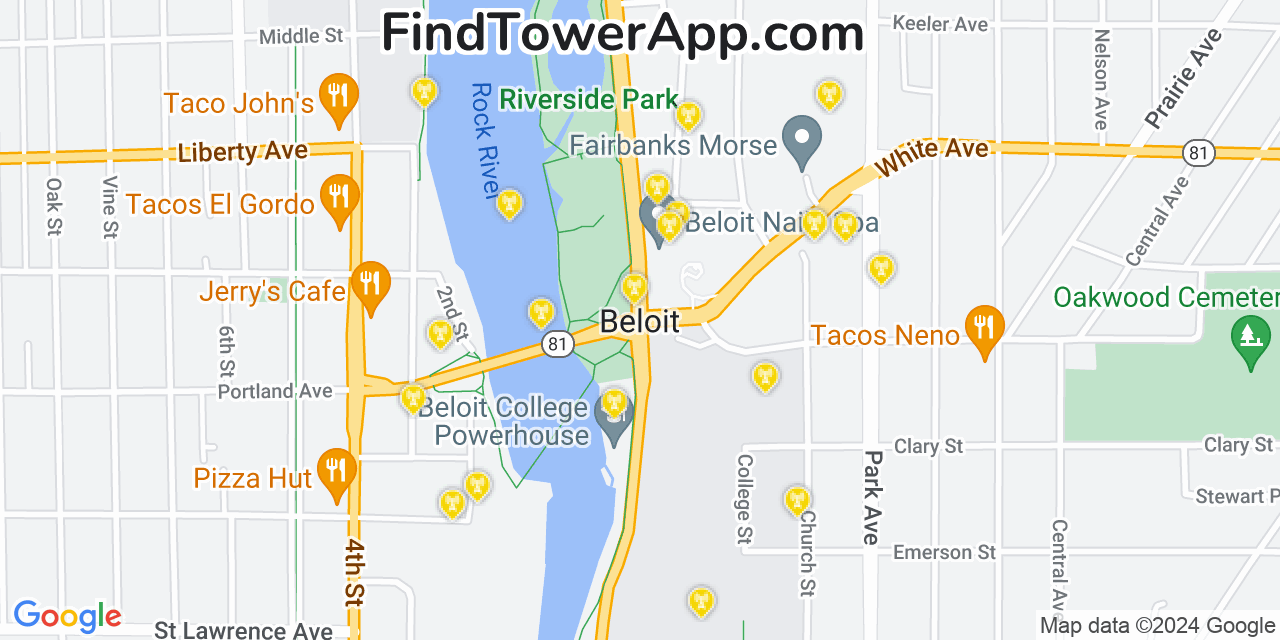 AT&T 4G/5G cell tower coverage map Beloit, Wisconsin