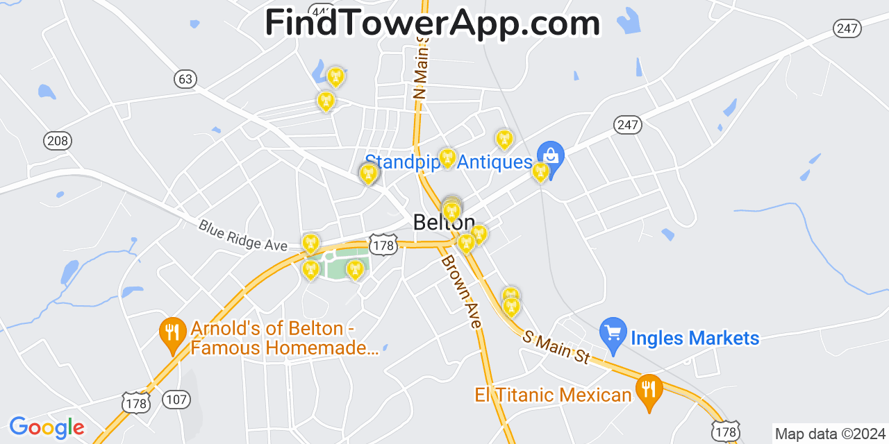 AT&T 4G/5G cell tower coverage map Belton, South Carolina