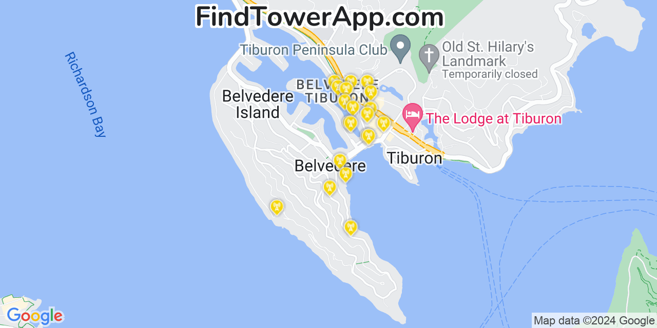 AT&T 4G/5G cell tower coverage map Belvedere, California