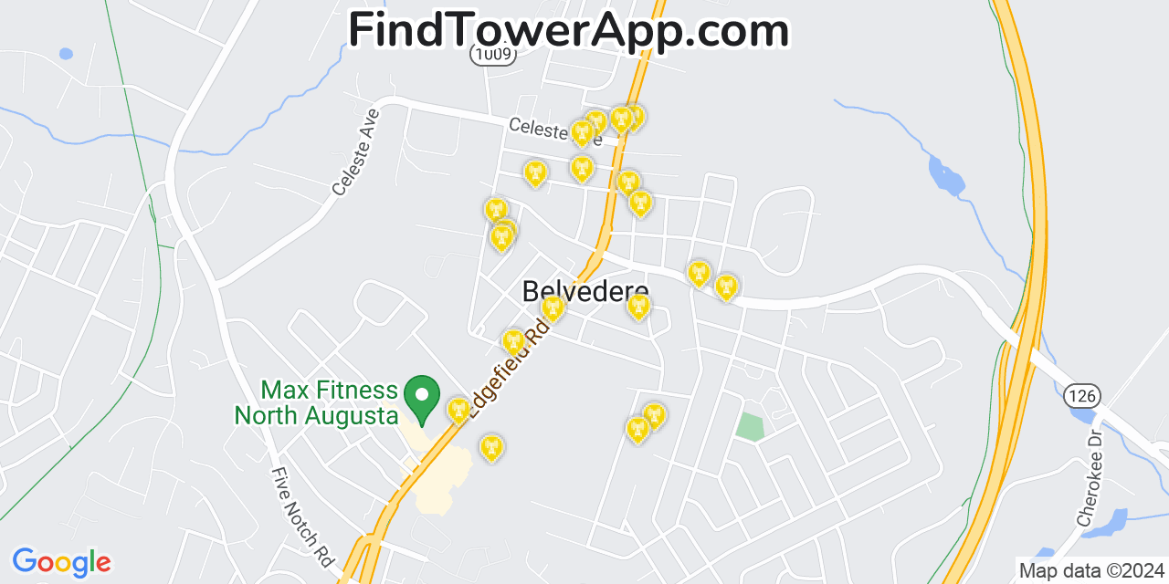 AT&T 4G/5G cell tower coverage map Belvedere, South Carolina