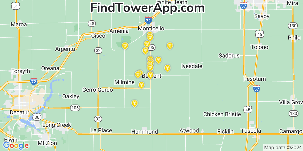AT&T 4G/5G cell tower coverage map Bement, Illinois