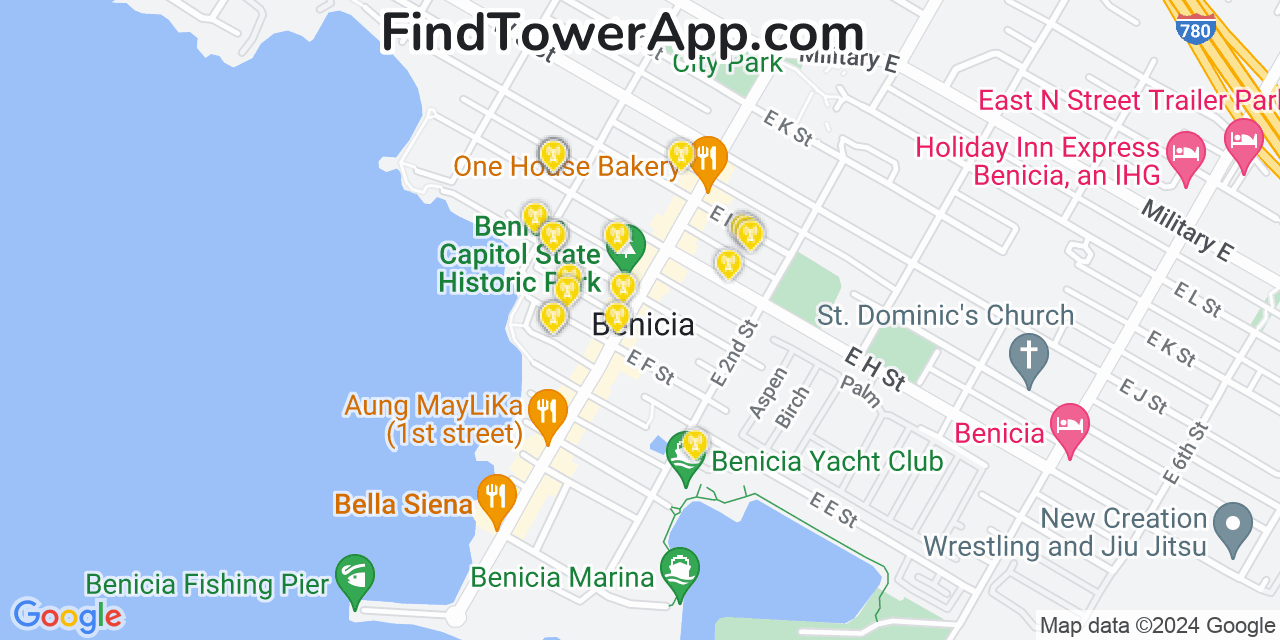 AT&T 4G/5G cell tower coverage map Benicia, California