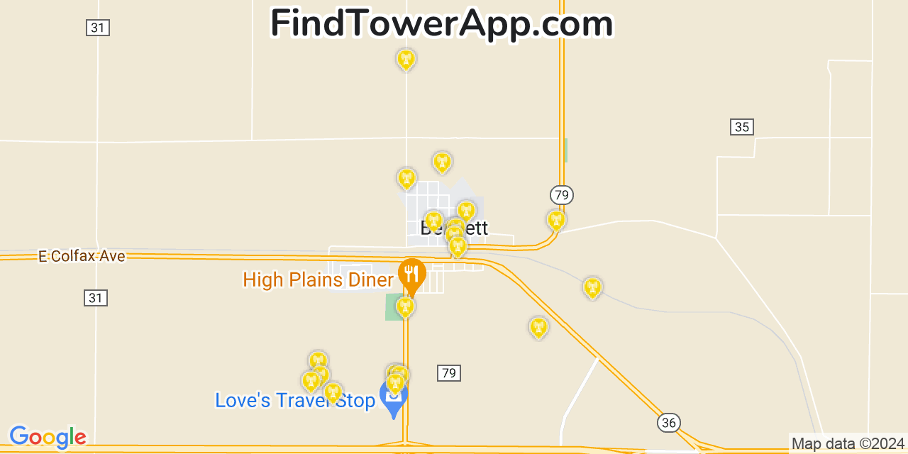 AT&T 4G/5G cell tower coverage map Bennett, Colorado