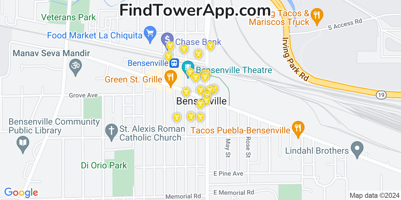 AT&T 4G/5G cell tower coverage map Bensenville, Illinois