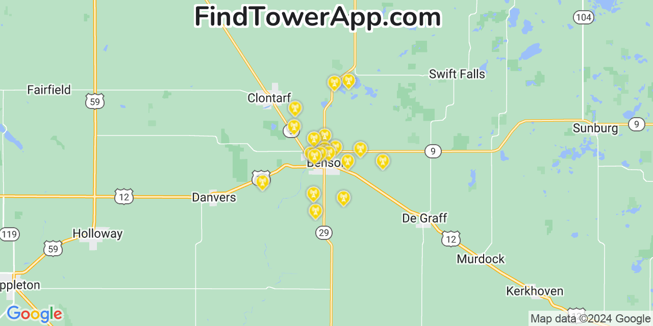 AT&T 4G/5G cell tower coverage map Benson, Minnesota