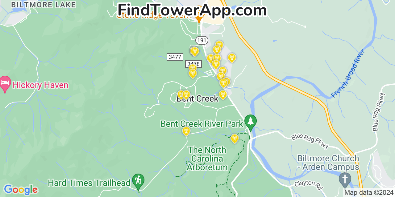 AT&T 4G/5G cell tower coverage map Bent Creek, North Carolina