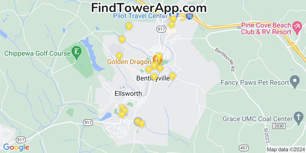 AT&T 4G/5G cell tower coverage map Bentleyville, Pennsylvania