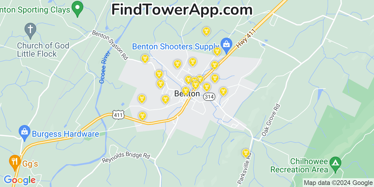 AT&T 4G/5G cell tower coverage map Benton, Tennessee
