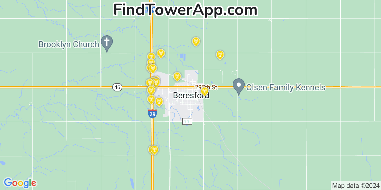 AT&T 4G/5G cell tower coverage map Beresford, South Dakota