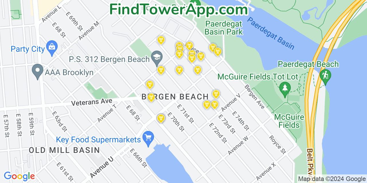 AT&T 4G/5G cell tower coverage map Bergen Beach, New York