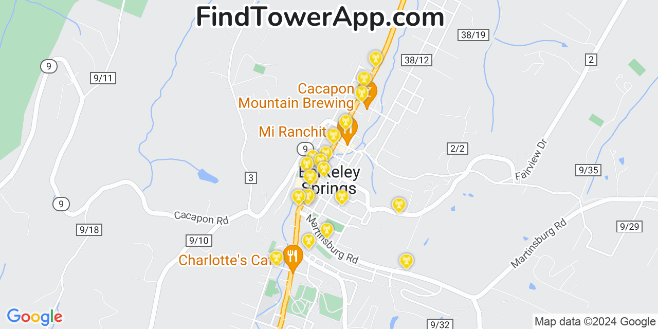 AT&T 4G/5G cell tower coverage map Berkeley Springs, West Virginia