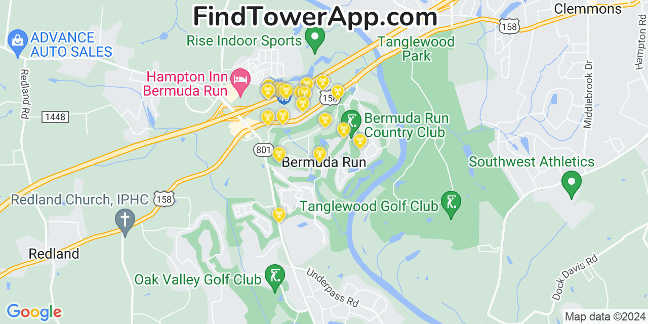 AT&T 4G/5G cell tower coverage map Bermuda Run, North Carolina