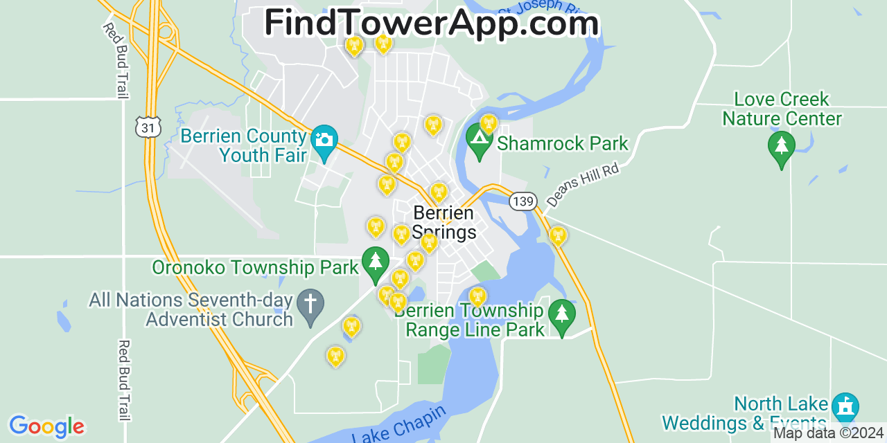 AT&T 4G/5G cell tower coverage map Berrien Springs, Michigan