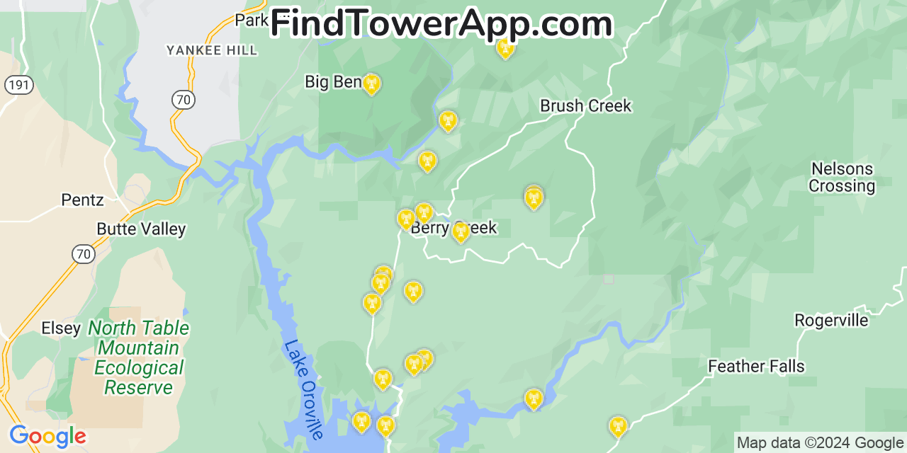 AT&T 4G/5G cell tower coverage map Berry Creek, California