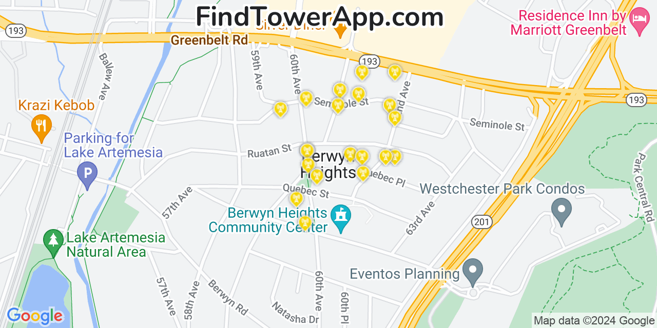 AT&T 4G/5G cell tower coverage map Berwyn Heights, Maryland