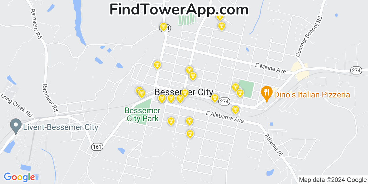 AT&T 4G/5G cell tower coverage map Bessemer City, North Carolina