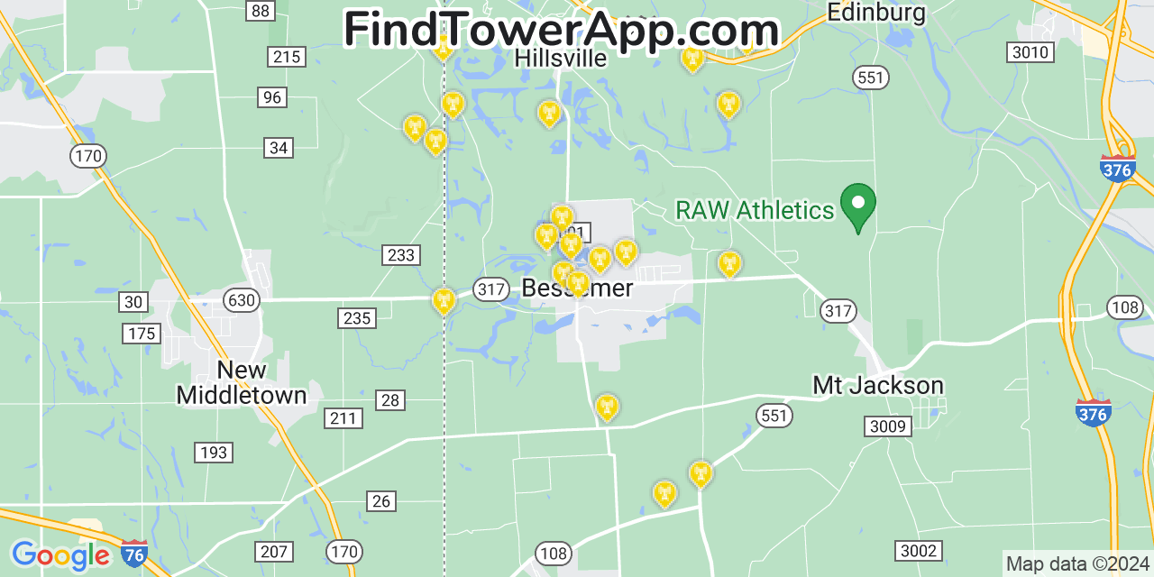AT&T 4G/5G cell tower coverage map Bessemer, Pennsylvania