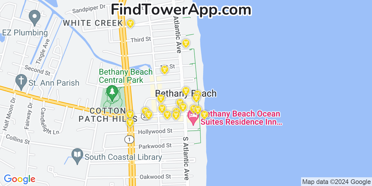 AT&T 4G/5G cell tower coverage map Bethany Beach, Delaware